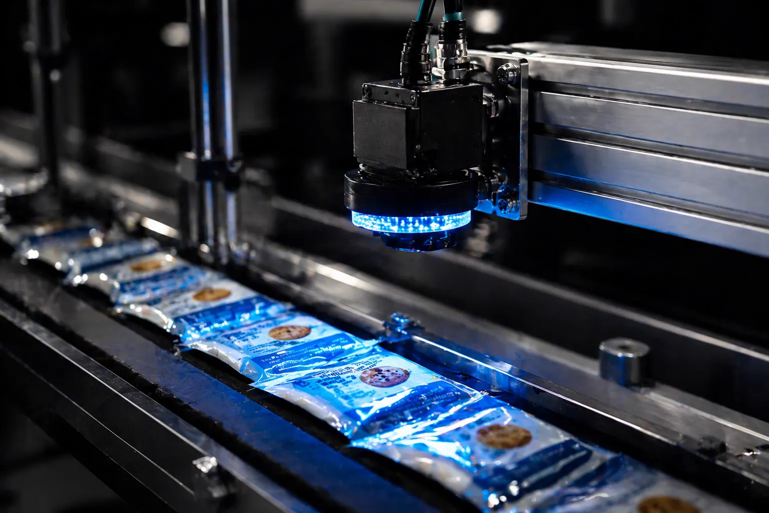 Machine vision camera with a blue ring light inspecting packaged products on a conveyor
